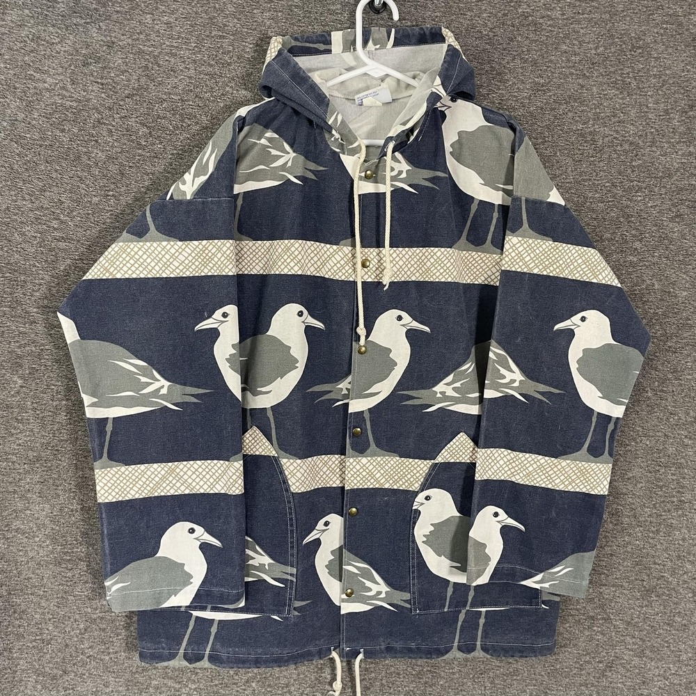 Vintage Michigan Rag Co Jacket Mens Medium Blue Canvas Seagull Hooded Anorak